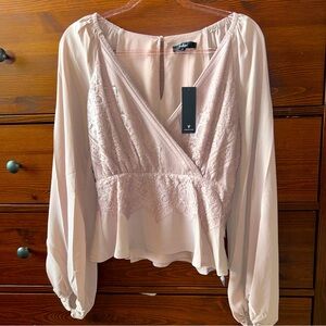 Lulus Peplum Top- Loving Arms Taupe Lace Long Sleeve